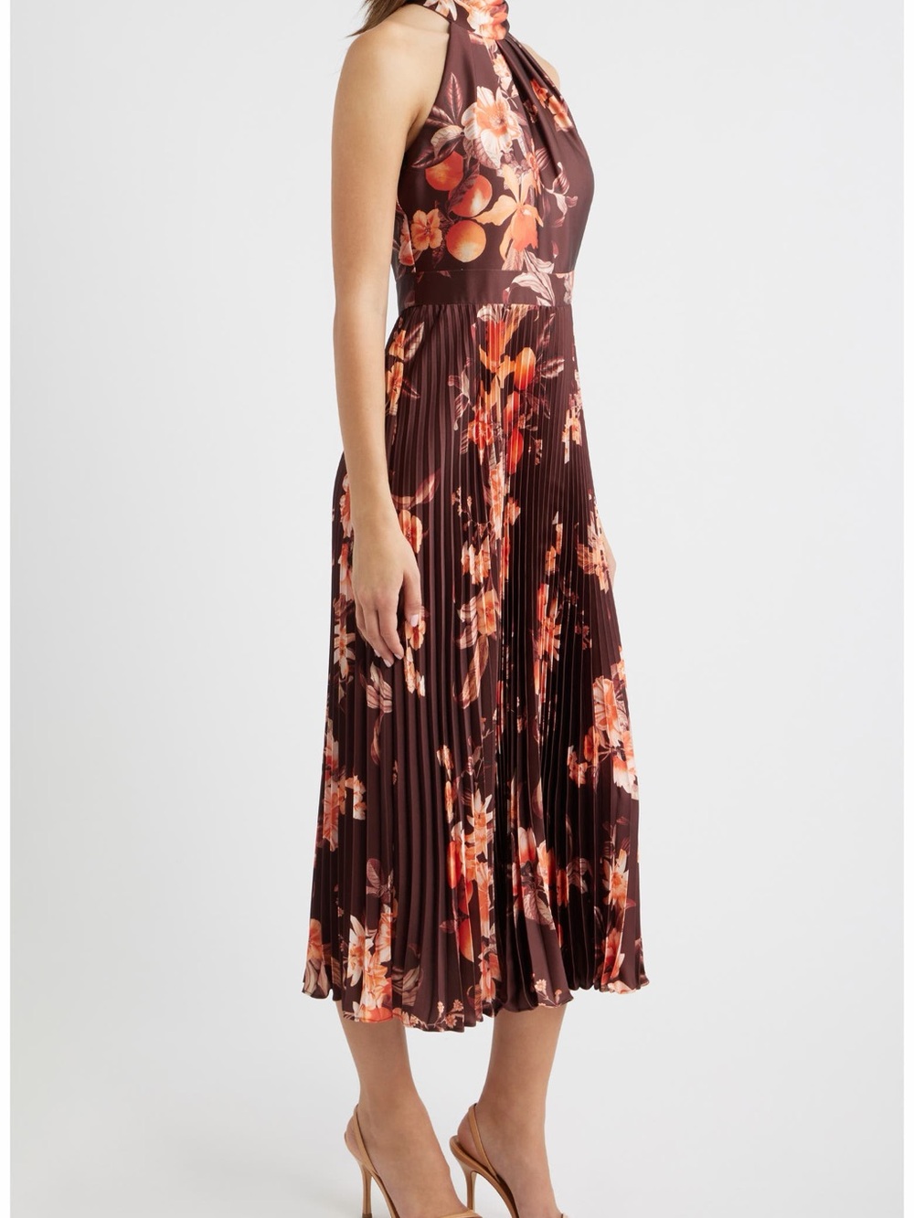 Eliza J NWT Halter Pleated Midi Dress in Brown Size 0